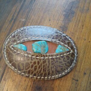 Leather and Turquoise Belt Buckle...Russ Fish